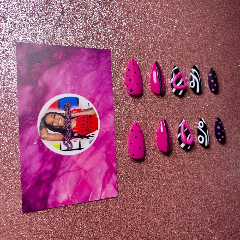Hot Pink & Black Almond Press-On Nail Set